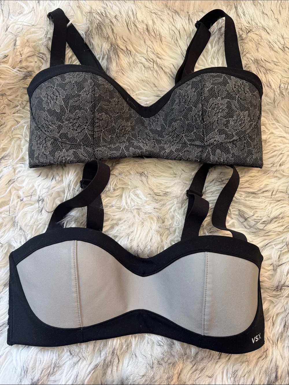 Lot bundle VSX Reflective Black Lace and Gray Molded Cup Balconette Bra Set of